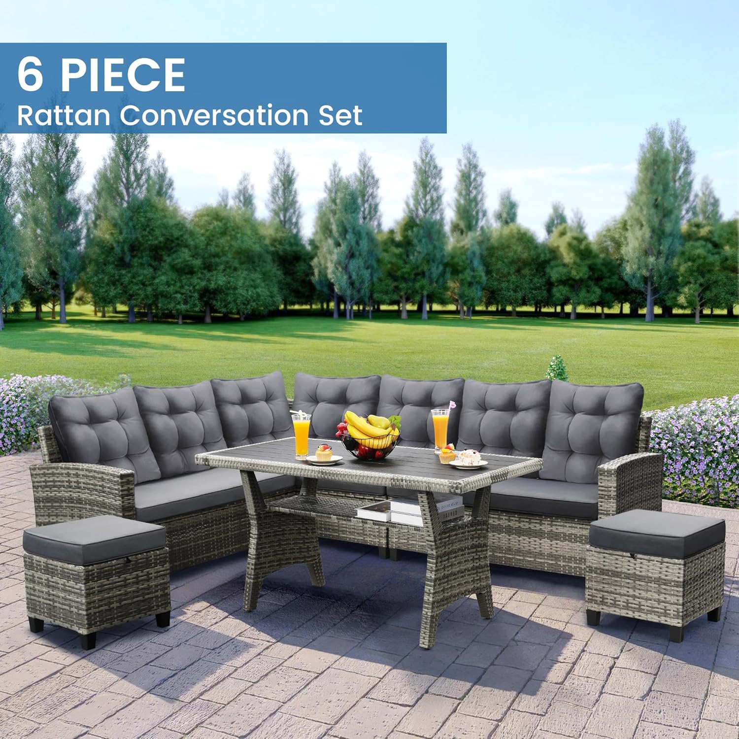 Outdoor Furniture Luxury - 6-Piece Patio Sectional Sofa Dining Set